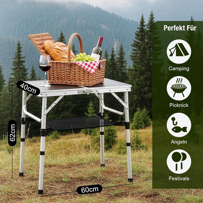 Складной кемпинговый стол алюминиевый регулируемый по высоте и легкий, с сетчатой поверхностью и S-образными крючками. Прочный уличный стол для пикника, рыбалки и сада (черный)