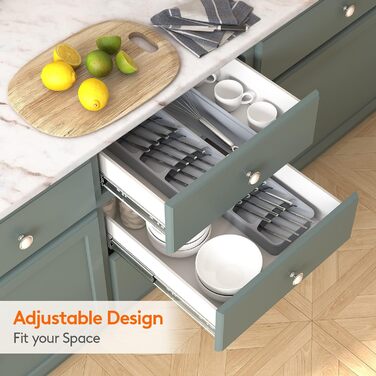 Поднос для столовых приборов Lifewit, Компактный поднос для столовых приборов с кухонным ящиком, Выдвижной лоток для столовых приборов, Регулируемый пластиковый лоток для ложек, вилок и ножей, серый