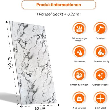 Стінові панелі IZODEKOR під мармур 60x120 см Панель для кухонного фартуха ПВХ-облицювання стін для кухні, ванної кімнати Бризкозахисний екран для кухні Водонепроникний та термостійкий (4 панелі 4 монтажних клею, Arctic Breeze)