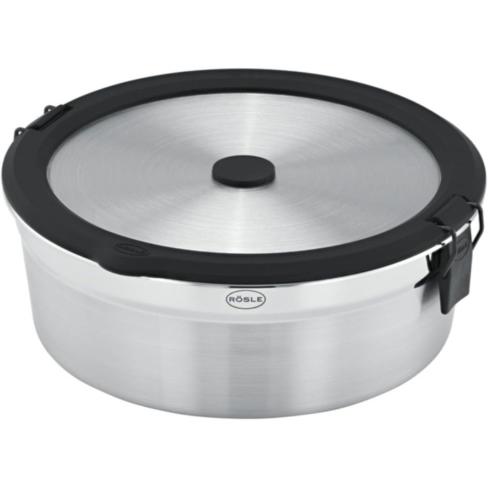 Кришка RSLE FLEXX 2GO з нержавіючої сталі з затискачами для ланч-боксу, силіконовий обідок, герметична, силіконовий клапан, сріблясто-чорна, срібляста (кругла з нержавіючої сталі, кругла 1,4 л)