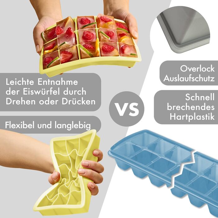Силіконові формочки для льоду Blumtal, набір з 3 шт. - форма для льоду на 24 кубики з кришкою - силіконова форма для льоду без бісфенолу А - форма для льоду, безпечна для харчових продуктів - сіро-блакитний великі кубики (сірий жовтий, кубики XL)