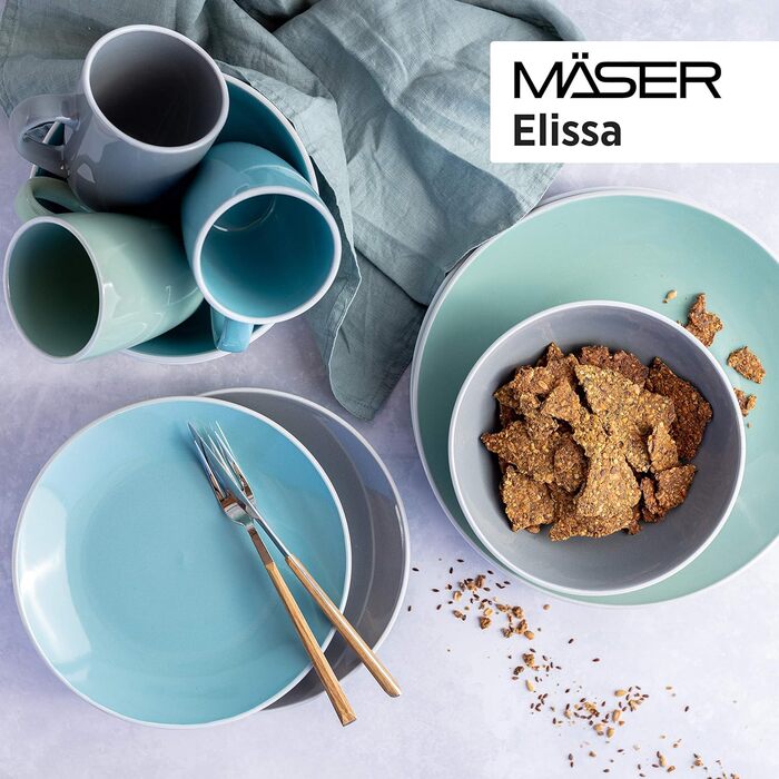 Набір сучасного посуду Elissa серії MSER 931770 для 6 осіб бірюзового кольору з білою облямівкою, комбінований сервіз із 24 предметів, керамограніт