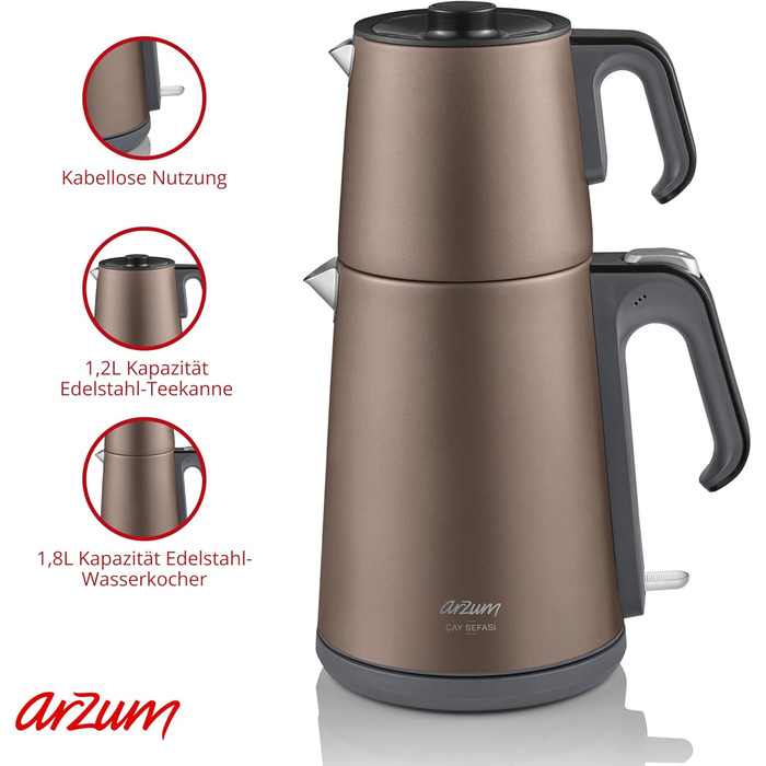 Електричний турецький чайник, 2200 Вт, чайник 3,5 л, скляний чайник 1,2 л, нержавіюча сталь, інтелектуальний контроль температури, захист від кипіння (стандартний rn ls, Toprak)