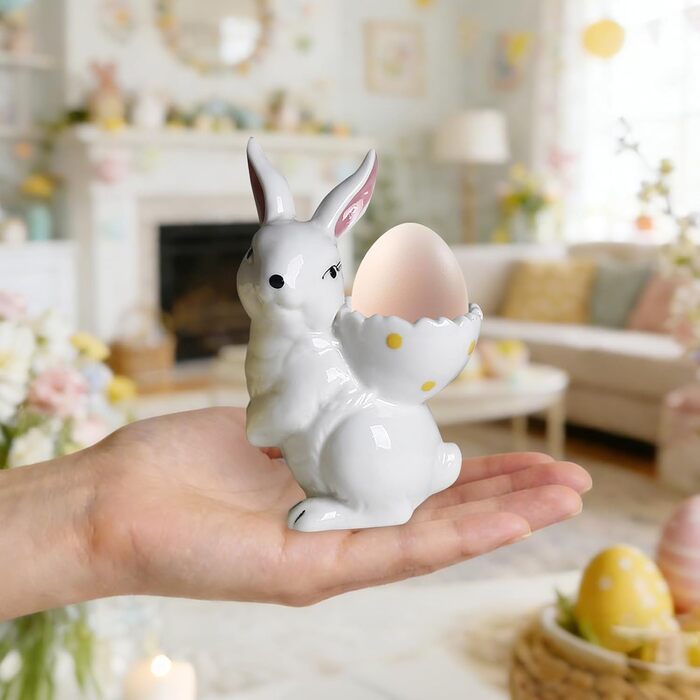 Набір із 2 порцелянових стаканчиків для яєць на Великдень, керамічні стаканчики для яєць у формі кролика, кумедні, креативні тарілки для пасхальних яєць у формі кролика, можна мити в посудомийній машині, підставка для варених яєць, великодні подарунки (C 