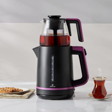 Чайник Karaca Maxi Tea XL 2-в-1 зі скляним чайником та заварником, чайник 1,25 л, резервуар для води 2,3 л, 1700 Вт, основа, що обертається на 360, скляне ситечко для чаю, функція автоматичного підігріву (малина)