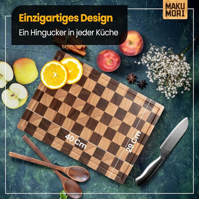 Премиум разделочная доска из цельного дерева, торцевая (End Grain) 40x29x3 см из карбонизированной акации, сертифицирована FSC, с ножками, желобком для сока и удобными ручками (двухцветная)