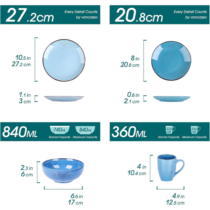 Комбинированный сервиз, набор посуды из керамогранита Navia, столовый сервиз из 32 предметов, винтажный внешний вид, природный дизайн (набор из 16 предметов, Navia-13)