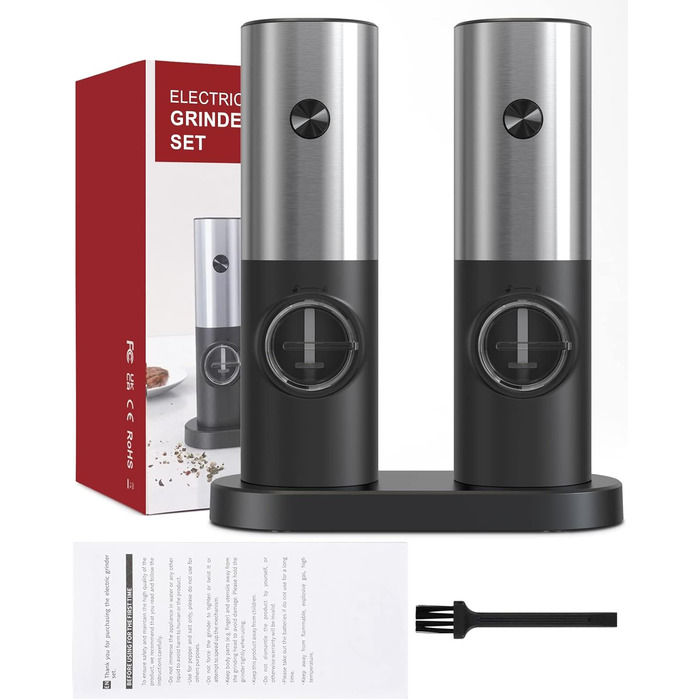 Набір із 2 електричних млинів солі та перцю на підставці, сріблястий/чорний Cokunst