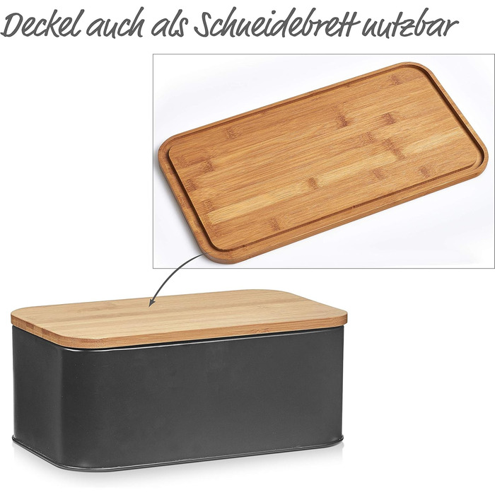 Хлібниця Zeller 25377 з бамбуковою кришкою, металева, матова, приблизно 42,5 x 23 x 13 см, хлібниця з вентиляційними отворами, для зберігання хліба, прямокутний контейнер для хліба, проста хлібниця в сучасному дизайні (чорна, 31 x 18 x 12,5 см)