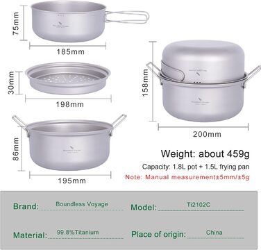 Кемпінг Пароварка Каструля Титановий бульйон Набір сковорідок Посуд для подорожей на відкритому повітрі Ультралегка каструля для супу Портативний набір для пікніка для походів зі складною ручкою (1.8-літровий паровий горщик і 1.5-літровий набір каструль T