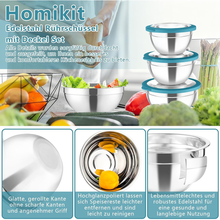 Набір мисок для змішування з нержавіючої сталі 5 шт сині Homikit