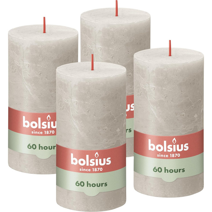 Свічки Bolsius Rustic Pillar - Оливково-зелені - Набір з 4 шт. - Декоративні побутові свічки - Час горіння 60 годин - Без запаху - Натуральний рослинний віск - Без пальмової олії - Оливково-зелені (13 x 7 см, світло-сірі)