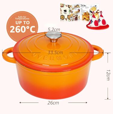 Чавунна форма для запікання Overmont Enamel - 26 см, придатна для використання в духовці, з кришкою та кулінарною книгою - для випікання, тушкування, запікання, білого кремового кольору (26 см-5,2 л, помаранчевий)