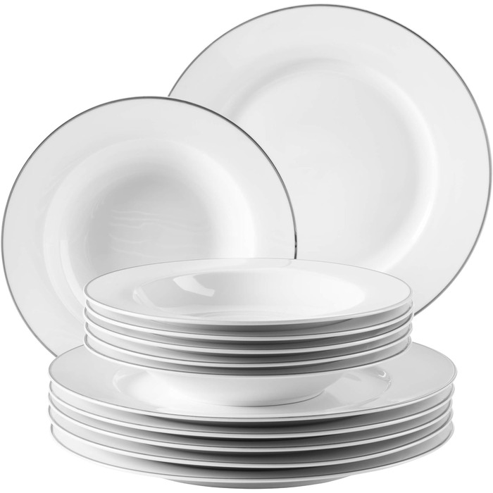 Професійний набір обідніх тарілок на 6 персон у білому кольорі з порцеляною з 12 предметів (срібний обідок, обідній сервіз), 931533