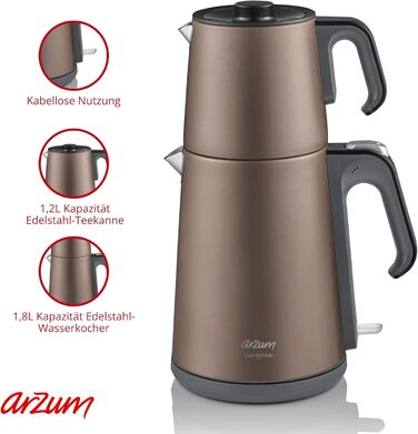 Електричний турецький чайник, 2200 Вт, чайник 3,5 л, скляний чайник 1,2 л, нержавіюча сталь, інтелектуальний контроль температури, захист від кипіння (стандартний rn ls, Toprak)