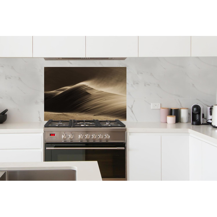 Панель для кухонного фартуха, бризкозахисна панель, декор для кухні, алюмінієва панель, бризкозахисна панель для плити, альтернатива скляній панелі, чорна - з малюнком - суцільна - чорна - темна - (пустеля, 100x65 см)