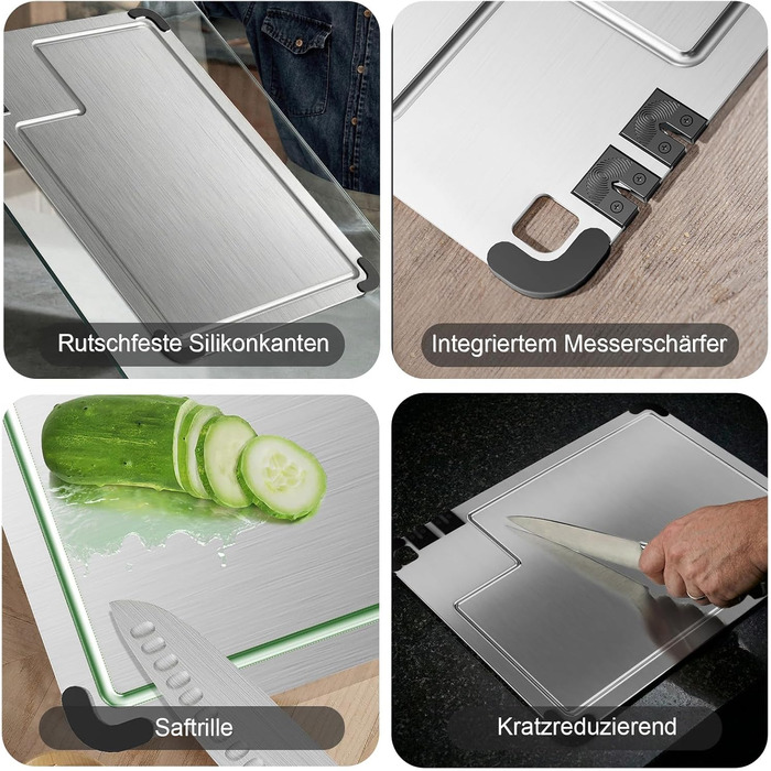 Разделочная доска из нержавеющей стали 38 x 28 см с точилкой для ножей и силиконовыми уголками Bafeil