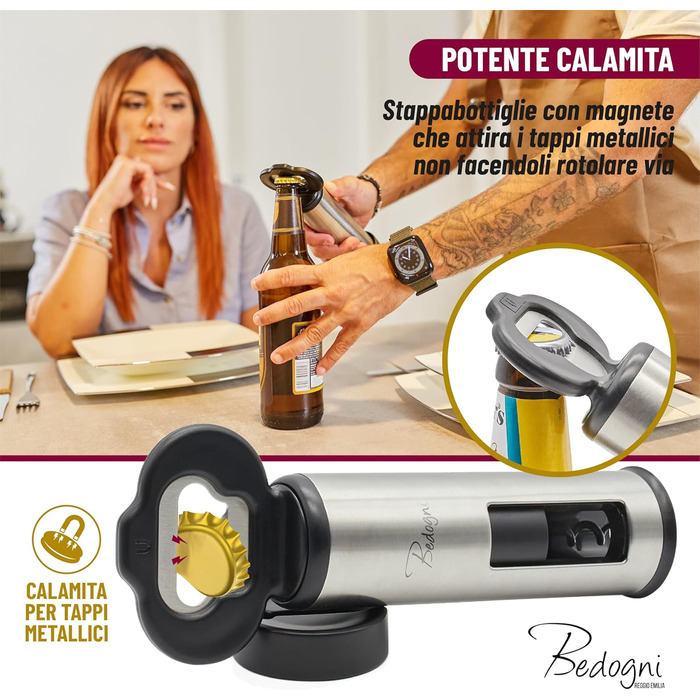 Штопор для вина та пива з магнітним утримувачем кришок чорний Bedogni Reggio Emilia