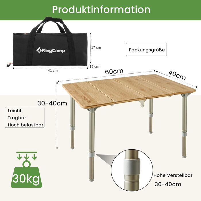 Складний бамбуковий стіл для кемпінгу 60 х 40 см KingCamp