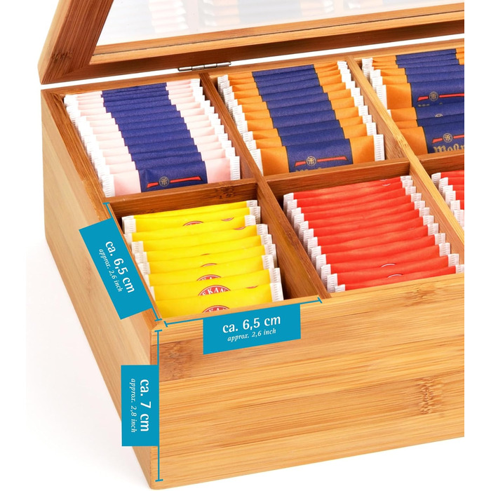 Бамбукова чайна коробка GRWE з 10 відділеннями, кришкою на петлях, оглядовим віконцем, коробка для чайних пакетиків для зберігання чаю з захистом від аромату - 36 x 20 x 9 см Бамбук, велика - 10 відділень