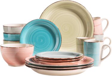 Вінтажний набір посуду з 16 предметів для 4 осіб, комбінований керамічний сервіз з ручним розписом, барвистий, керамограніт (зелений/рожевий/бірюзовий/димчасто-блакитний), 931499 Bel Tempo II