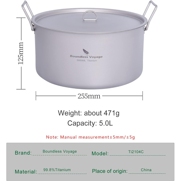 Титановый горшок для кемпинга Посуда на открытом воздухе Супы в помещении Горячий горшок Портативная полая посуда с крышкой и откидной ручкой Легкий поход Пикник Кухонная посуда Кастрюля большой емкости (5000 мл Ti2104c)