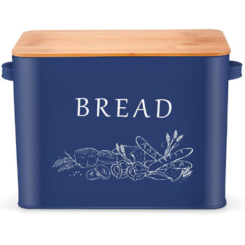 Хлібниця Herogo, металева хлібниця з дерев'яною кришкою для різання хлібної дошки, дуже велика хлібниця для великого буханця хліба, компактне зберігання хліба для кухонної стільниці, 33 x 18 x 24,5 см (синій)