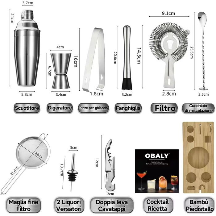 Набір бармена 11 предметів срібний OBALY