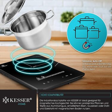 Индукционная плита KESSER Индукционная плита 1 плита 2100 Вт портативная 28 см плита 3 шт. ткань из микрофибры книга рецептов, 9 режимов нагрева, таймер на 8 часов, сенсорное управление, функция бустера 220-240 В конфорки - 1