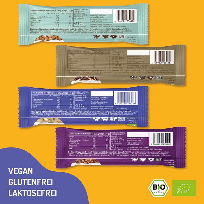 Батончики горіхові 24 х 35 г, 4 різних смаки Foodloose