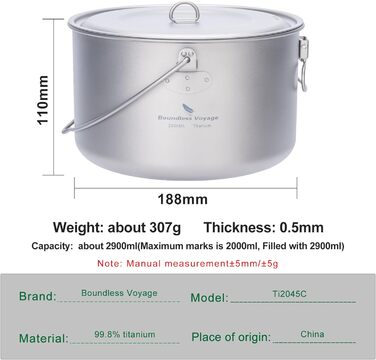 Титановый горшок 1,3 л / 1,95 л / 2,9 л Кемпинг Подвесной горшок Суп Горшок с крышкой Уличная посуда Легкая чаша чайника Походная кухонная утварь Портативная посуда Кухонный набор для 1-4 человек Ti2045C-2900 мл Горшок