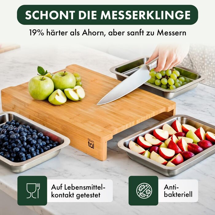 Бамбукова обробна дошка 40 x 28,5 см з 3 лотками для збору з нержавіючої сталі Blumtal