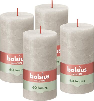 Свічки Bolsius Rustic Pillar - Оливково-зелені - Набір з 4 шт. - Декоративні побутові свічки - Час горіння 60 годин - Без запаху - Натуральний рослинний віск - Без пальмової олії - Оливково-зелені (13 x 7 см, світло-сірі)