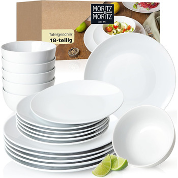 Набір посуду 6 персон сучасний виготовлений з високоякісної порцеляни класичного білого кольору складається з 6 обідніх тарілок, 6 десертних тарілок та 6 мисок Набір посуду 18 шт., 18 шт.