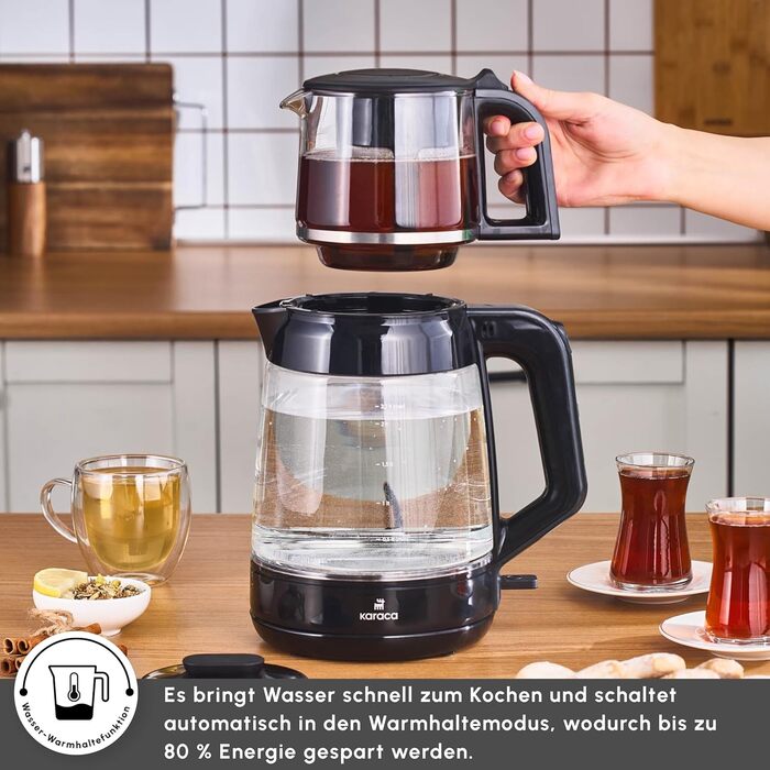 Чайник-чайник Karaca Glass Tea XL 2-в-1, колір сірий космос, скляний чайник обємом 0,9 л, скляний чайник обємом 2,2 л, основа, що обертається на 360, функція автоматичного підігріву, без BPA, потужність 1900 Вт (чорний)
