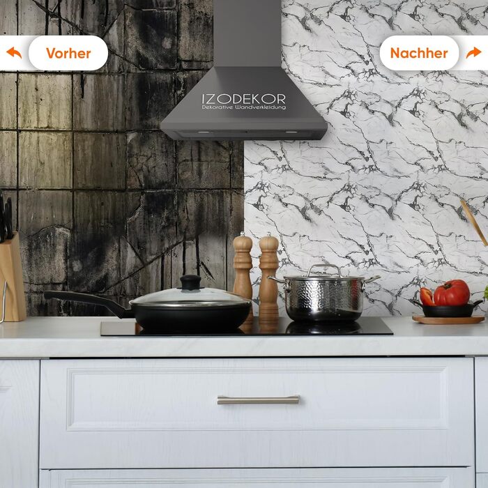 Стінові панелі IZODEKOR під мармур 60x120 см Панель для кухонного фартуха ПВХ-облицювання стін для кухні, ванної кімнати Бризкозахисний екран для кухні Водонепроникний та термостійкий (4 панелі 4 монтажних клею, Arctic Breeze)