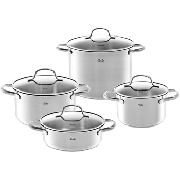 Набір посуду Fissler San Francisco/Нержавіюча сталь, 4 предмети, каструлі зі скляними кришками, індукційна (3 каструлі для приготування, 1 каструля для тушкування)