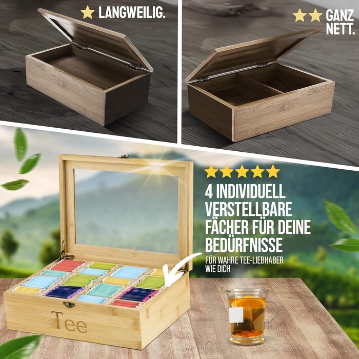 Чайна скринька преміум-класу NATURSCHMIED з вишневого дерева з 20 гнучкими відділеннями та оглядовим віконцем, (22,5 x 31 x 10 см) - посилені петлі міцна застібка - Елегантне сховище для чаю для справжніх любителів чаю (бамбук рівня А)
