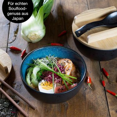 Включая крышку и ложкуBlack Ramen Bowl Set на 4 персоны - для супа, фо и суши боул ( миска), 4 шт., Set Ramen Blue Reactive