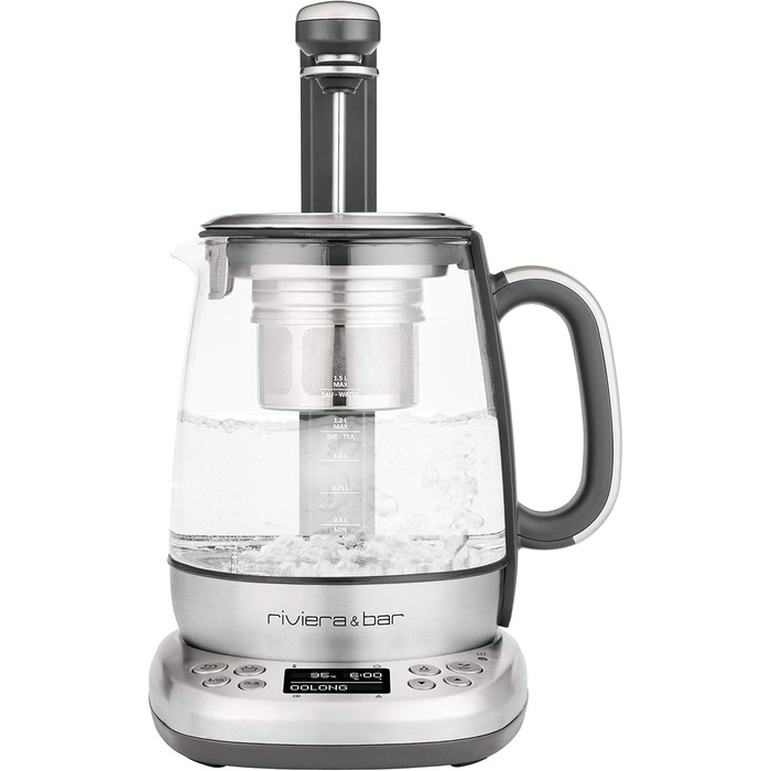Чайник riviera&bar Cha Dao Expert з регульованою температурою, загартоване скло та нержавіюча сталь, тихий режим, оптимальне заварювання чаю, 1,5 л, 22 x 36,5 x 29,5 см