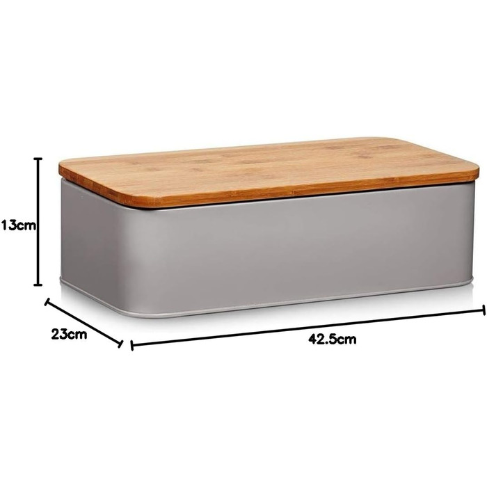 Хлібниця Zeller 25377 з бамбуковою кришкою, метал, матова, приблизно 42,5 x 23 x 13 см, хлібниця з вентиляційними отворами, для зберігання хліба, прямокутний контейнер для хліба, проста хлібниця в сучасному дизайні (сіро-коричневий, 42,5 x 23 x 13 см)