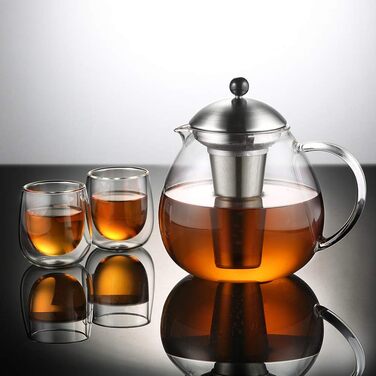 Серебряный чайник из гласстального стекла 1500 мл с ситечком для чая из нержавеющей стали 18/8 Чайник из боросиликатного стекла Стеклянный чайник Подходит для подогревателей чая (1500 мл, серебряный чайник Type2 с подогревателем)