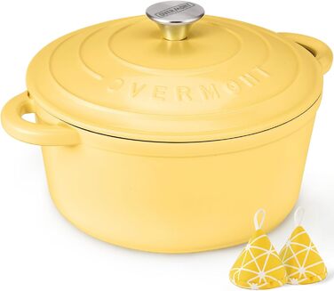 Чавунна форма для запікання Overmont Enamel - 26 см, придатна для використання в духовці, з кришкою та кулінарною книгою - для випікання, тушкування, запікання, білого кремового кольору (26 см-5,2 л, гусячий жовтий)