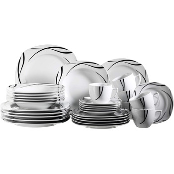 Набор тарелок из 12 предметов на 6 персон из фарфора, сервиз классический, неподвластный времени, элегантный, черно-белый (комбинированный сервиз 30 шт.), 920673 series Oslo
