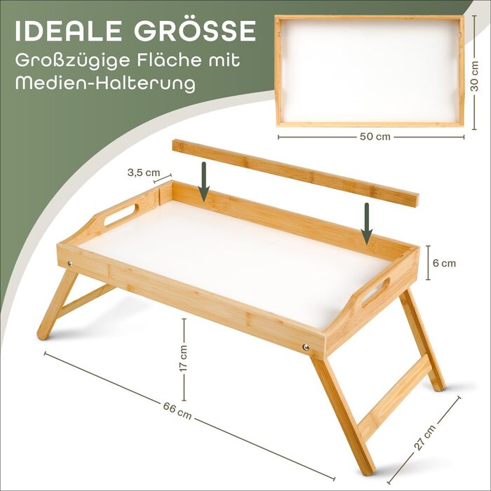 Бамбуковий піднос Blumtal з дерев&39яною підставкою для планшетів/телефонів - Піднос для сніданку для ліжка - Складаний столик для ліжка 50 x 30 x 6 см - Столик для ноутбука для дивана - Міцний піднос для дивана, білий
