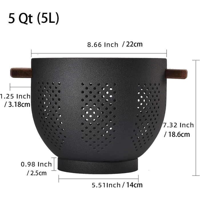 Металеве сито для пасти з дерев&39яною ручкою та стабільною основою, велике кухонне сито 22 см для пасти, овочів та фруктів, міцне кухонне сито (матово-чорне)