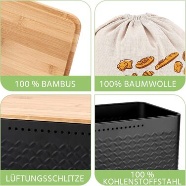 Хлібниця 33 x 19 x 12 см з дерев'яною кришкою та лляним хлібним мішком, чорна Royouzi