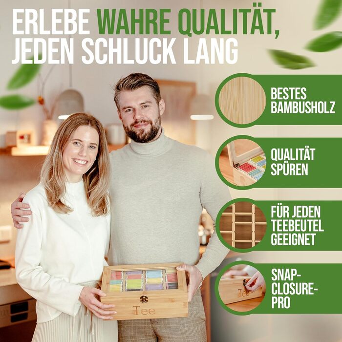 Чайна скринька преміум-класу NATURSCHMIED з вишневого дерева з 20 гнучкими відділеннями та оглядовим віконцем, (22,5 x 31 x 10 см) - посилені петлі міцна застібка - Елегантне сховище для чаю для справжніх любителів чаю (бамбук рівня А)