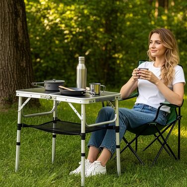 Складной кемпинговый стол алюминиевый регулируемый по высоте и легкий, с сетчатой поверхностью и S-образными крючками. Прочный уличный стол для пикника, рыбалки и сада (черный)