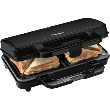 Бутербродница Bestron XL, тостер для 2 бутербродов с антипригарным покрытием на 2 бутерброда, вкл. автоматический контроль температуры и индикатор готовности, 900 Вт, цвет черный/ (черный)